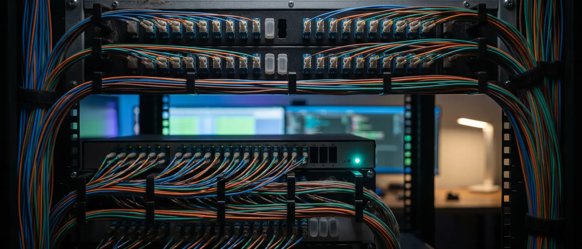 Panel de conexiones de fibra óptica con los latiguillos guiados y sujetos en recorridos ordenados, agrupados por color.