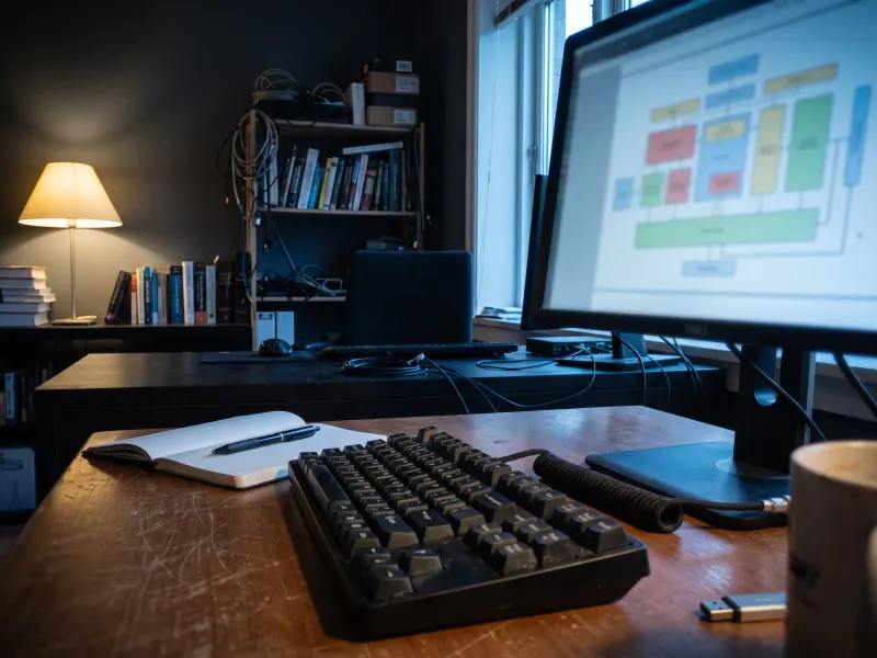 Monitor de escritorio mostrando un diagrama de arquitectura desenfocado, con un teclado mecánico en primer plano.