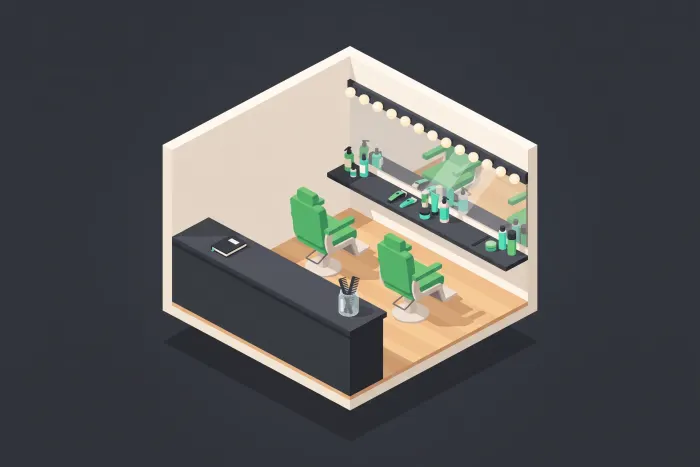 Ilustración isométrica de una barbería, con el mostrador al frente y dos sillones frente a un espejo largo.