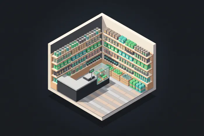 Ilustración isométrica de una bodega de barrio, con el mostrador al frente y estanterías de abarrotes llenas al fondo.