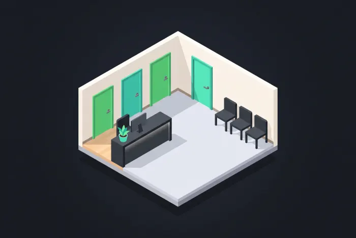 Ilustración isométrica de la recepción de una clínica, con el mostrador al frente y las puertas de consultorio al fondo.