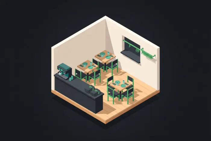 Ilustración isométrica de un restaurante, con la barra al frente y las mesas puestas al fondo.