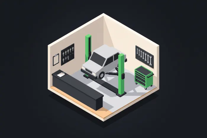 Ilustración isométrica de un taller mecánico, con el mostrador de recepción al frente y un elevador con un coche al fondo.
