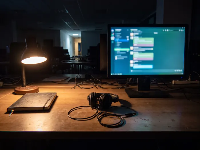 Puesto de soporte fuera de horario, con un monitor encendido mostrando una cola de mensajes desenfocada y unos auriculares sobre la mesa.